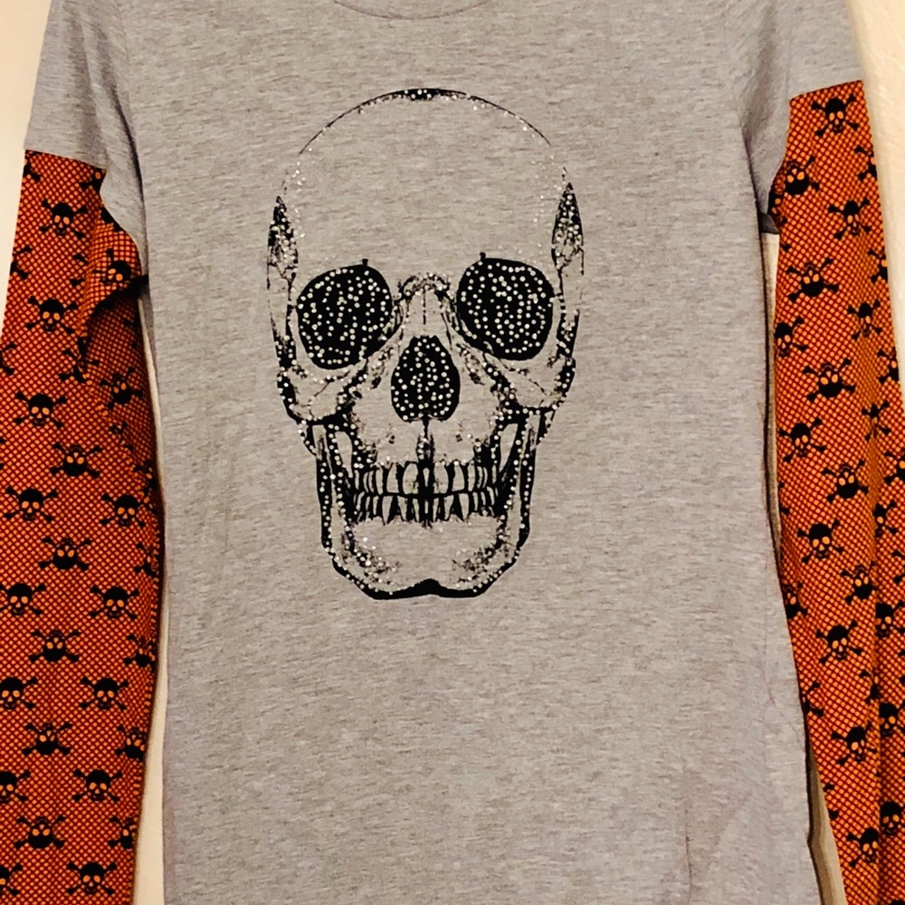 Halloween Shirt Gray Glitter Black Skull  Jr. Lrg
